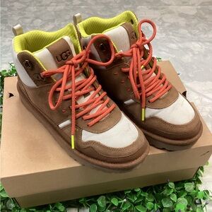 UGG Adult Brown and Cream Sneakers with Orange Laces